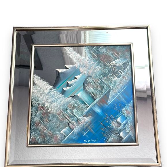 Rare "Winter Scene Lake Cabin" Original Painted on Mirror-Clemons-Pastels - Picture 8 of 16